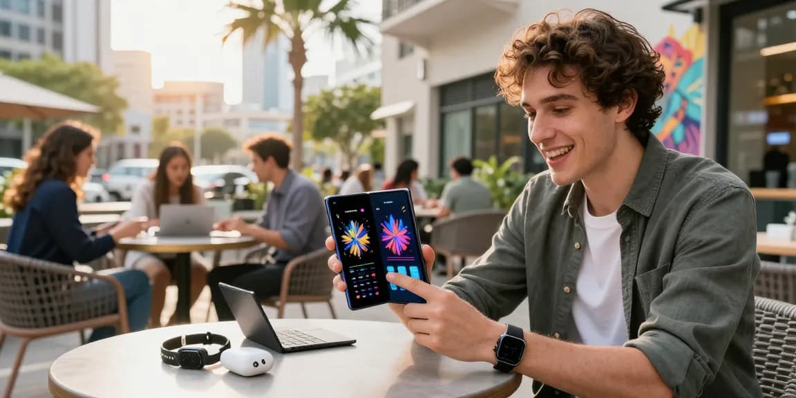 Person using Samsung Galaxy Z TriFold in an urban café, showcasing its innovative foldable display features.