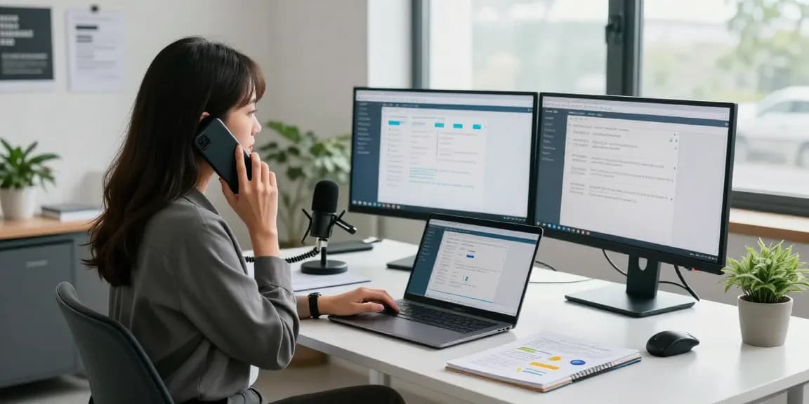 Professional woman utilizing call recording software in a modern office.