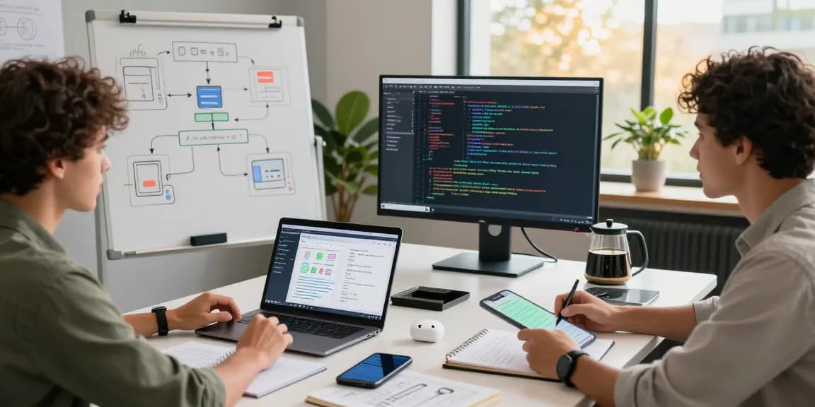 Build internal tools with AI in a collaborative workspace with professionals discussing tech prototypes and brainstorming ideas.