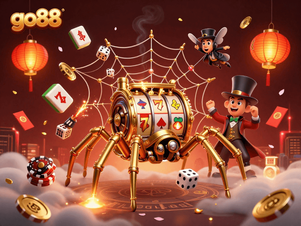 Win big with go88: A rich 3D illustration featuring a steampunk spider, immersive casino elements, and vibrant gaming action