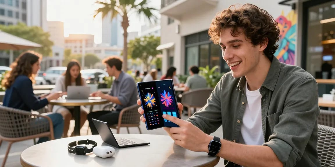 Person using Samsung Galaxy Z TriFold in an urban café, showcasing its innovative foldable display features.