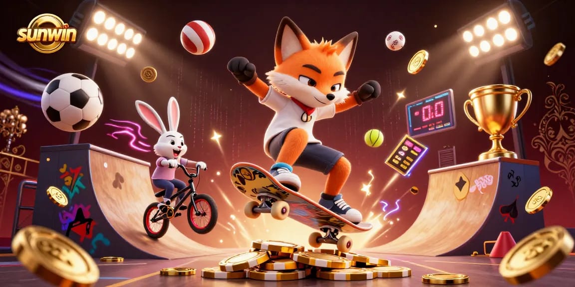 Engage in thrilling gameplay with sunwin's dynamic casino atmosphere featuring a fox and rabbit in vibrant action.