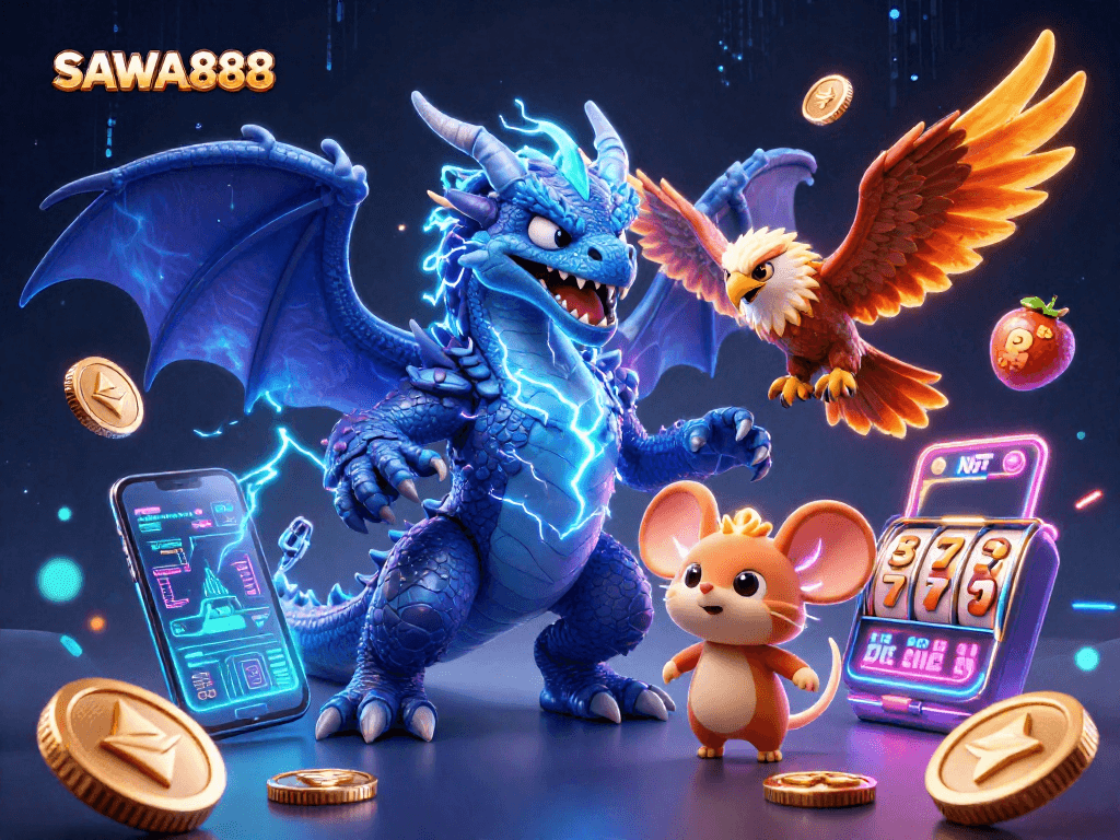 Experience SAWA888 live gaming with vibrant characters and dynamic casino elements, including slot reels.