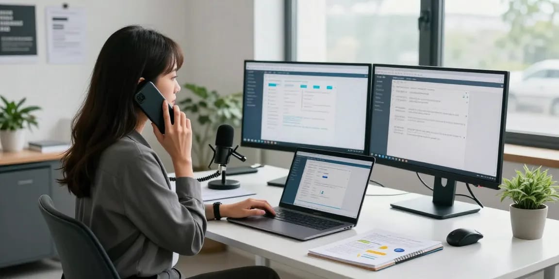 Professional woman utilizing call recording software in a modern office.
