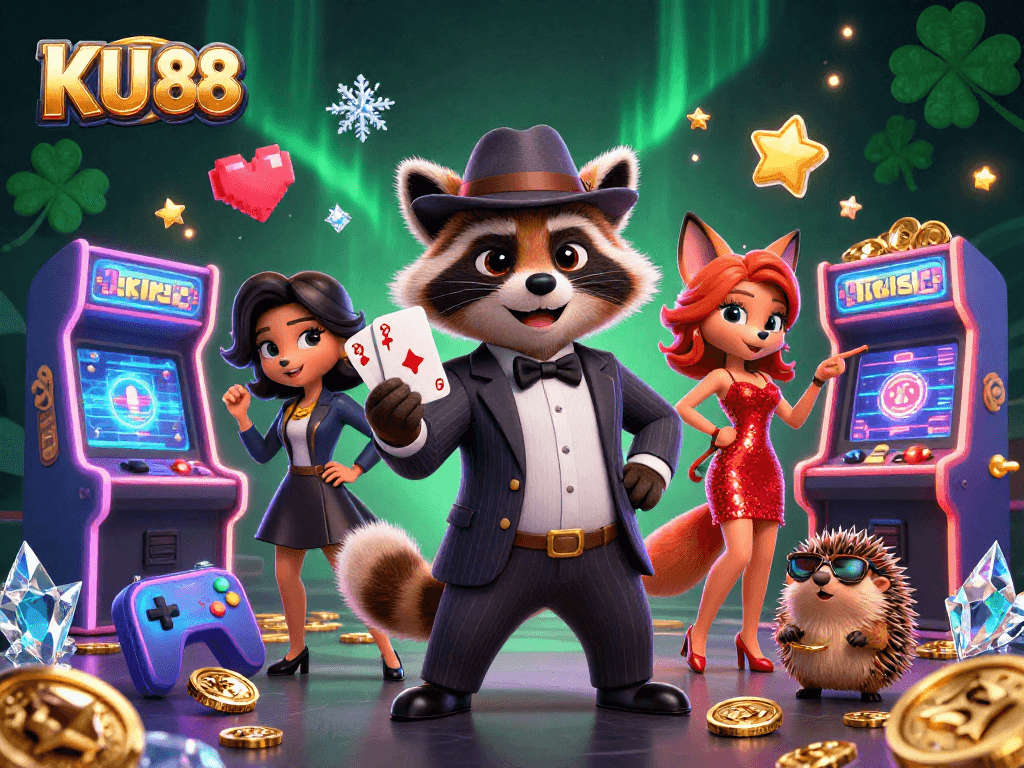 Join the casino excitement with KU 88 through a vibrant illustration featuring charming characters.
