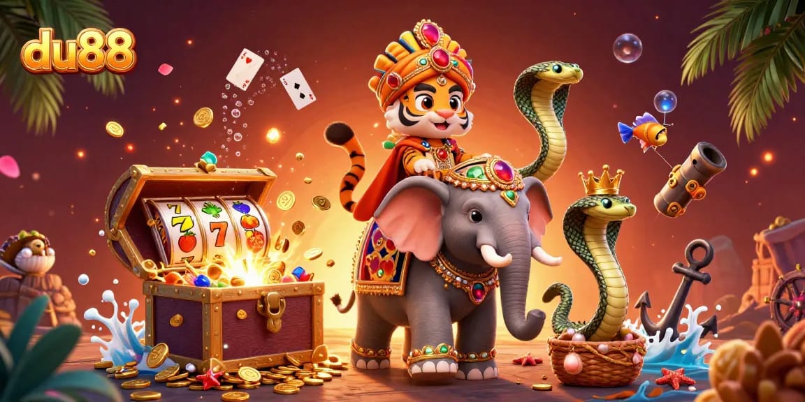 Experience the excitement of du88 with a vibrant 3D casino scene featuring a maharaja, elephant, and slot elements.