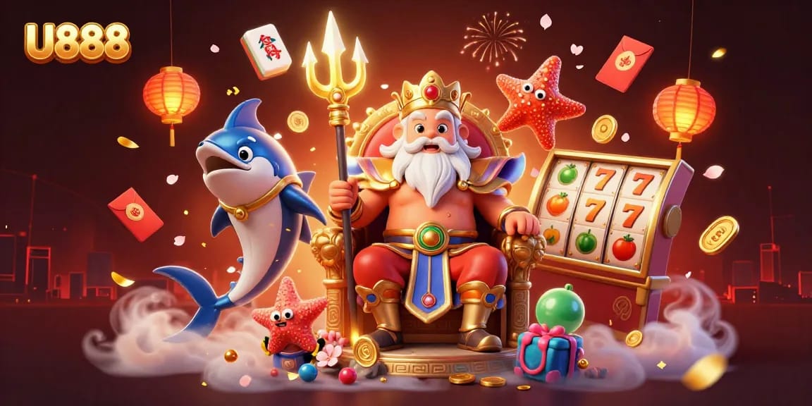 Experience high-energy gaming action with U888’s vibrant casino scene featuring the sea king and slot machines.