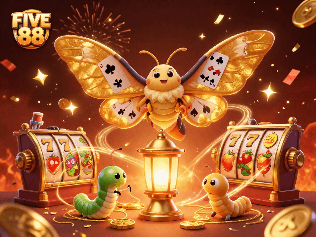 Experience thrilling wins at FIVE 88 with a vibrant casino scene featuring animated moths and slots.