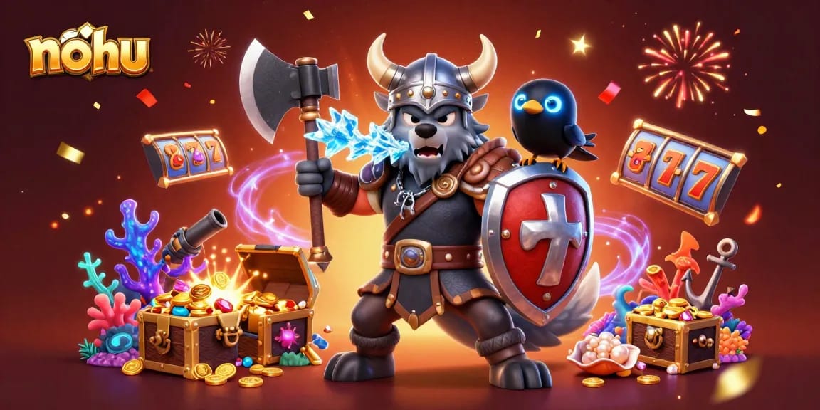 Nohu brightens the online casino scene with a Viking wolf warrior, dragon, and vibrant slot reels.
