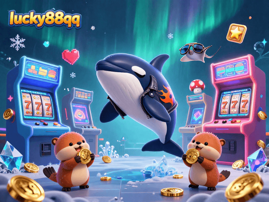 Experience fun at lucky88qq with an orca and sea otters amidst vibrant casino elements.