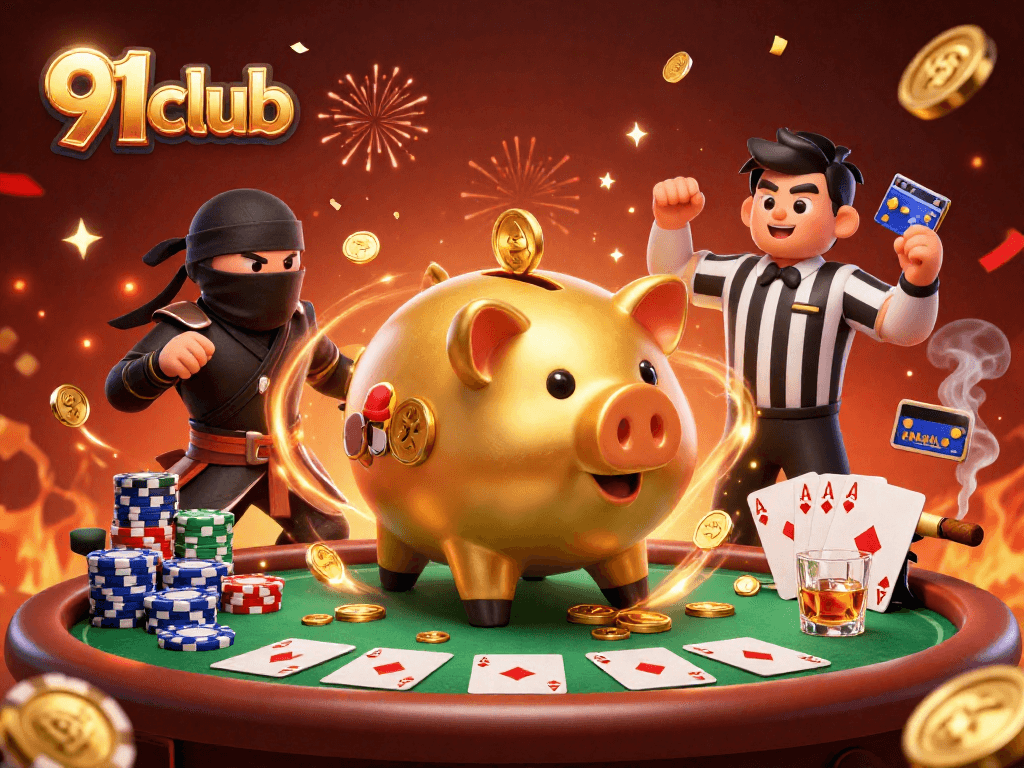 91club action-packed scene with a golden piggy bank sumo, chips, and poker elements in a vibrant casino