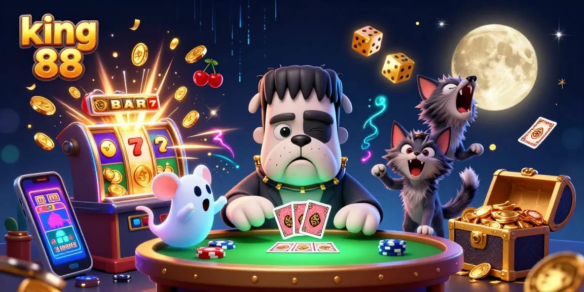Engage with king 88 at a vibrant casino scene featuring a Frankenstein bulldog dealing cards with dynamic game elements.