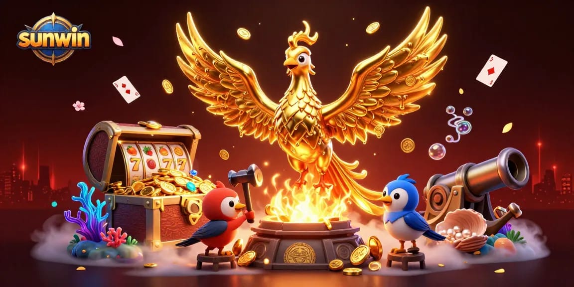 Experience sunwin's epic slots with a golden phoenix surrounded by treasures and playful game elements.