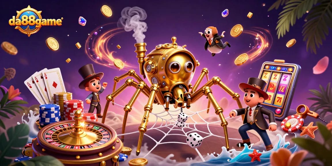 Experience the thrilling world of da88game surrounded by golden coins and a steampunk spider's web.