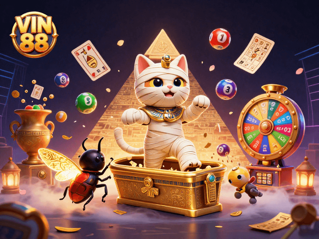Engage in thrilling gaming experiences at VIN 88 with vibrant lottery balls and a lively casino atmosphere.
