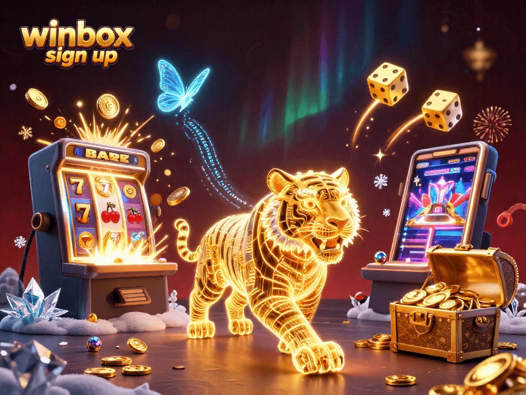 Experience the thrill of winbox sign up with vibrant casino elements and a 3D golden tiger.