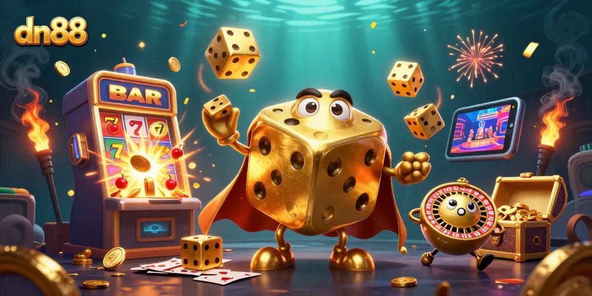 Experience the thrill of dn88 as golden dice juggle smaller dice amidst a jackpot explosion in a dynamic casino scene.
