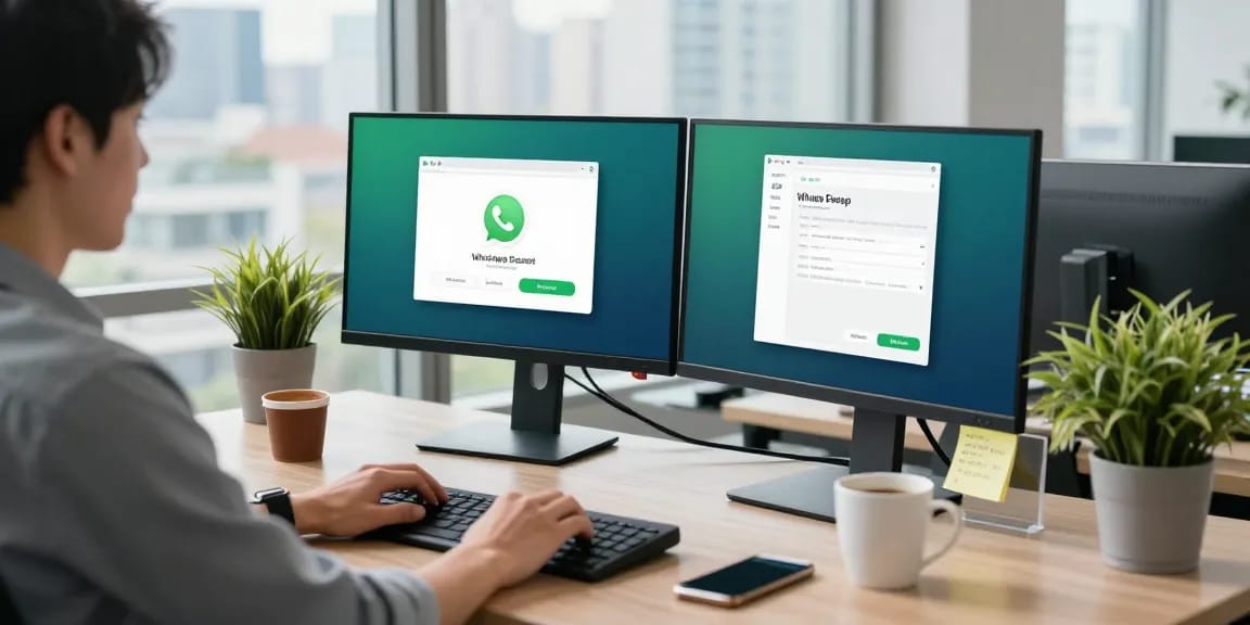 Engaged user working on WhatsApp電腦版 in a modern office workspace.