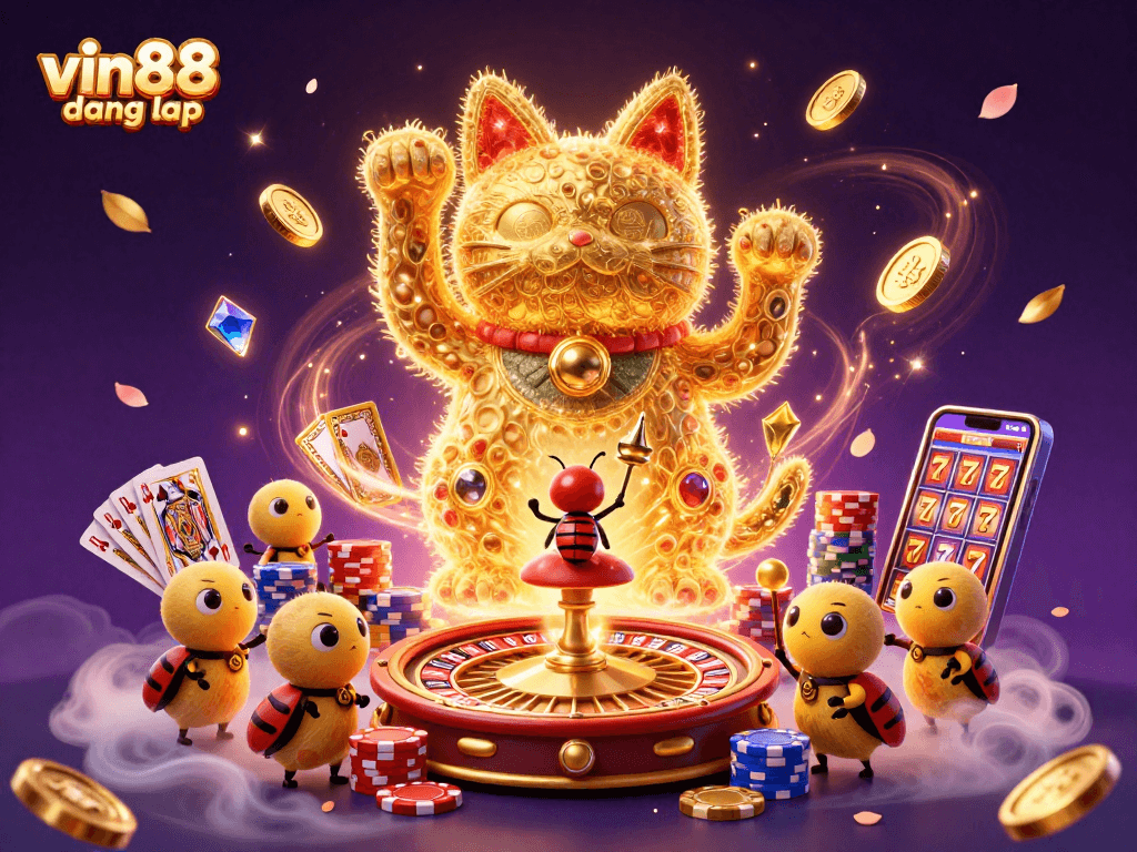 Celebrate with vin88 đăng nhập and enjoy a vibrant casino experience featuring lucky cats and dynamic gaming symbols.