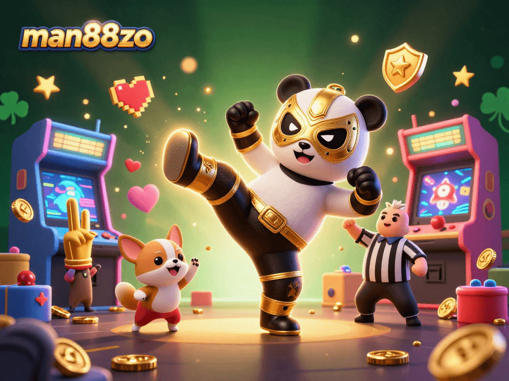 Experience excitement at man88zo as a panda wrestler flies through the air, surrounded by cheering fans and vibrant gaming elements.