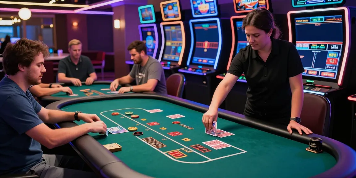Engaging scene of an online casino not on gamstop with vibrant lights and players at the gaming table.