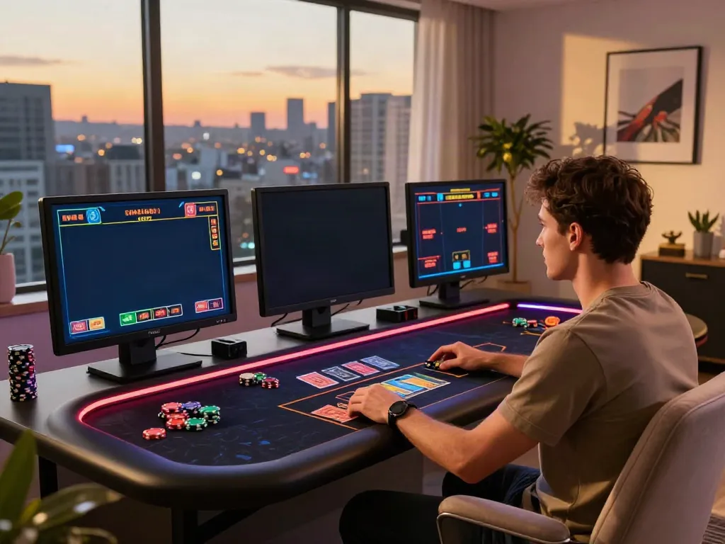 Engaging online casino not on gamstop gaming scene at home with vibrant decor.