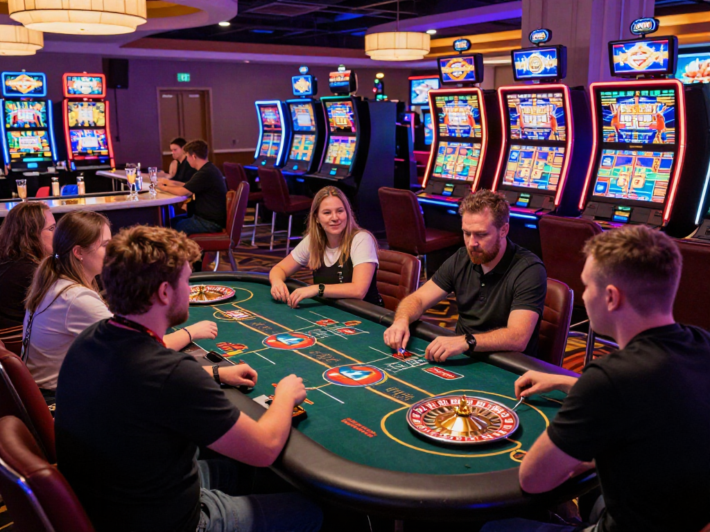 Engaged players enjoying an online casino not on gamstop, vibrant atmosphere with gaming tables and slot machines.