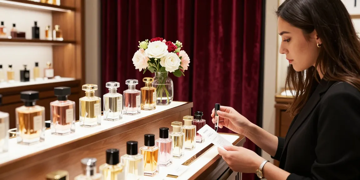 Discover the latest fragrance trends in a luxurious perfume boutique, showcasing a variety of elegant scent bottles and an engaging customer experience.