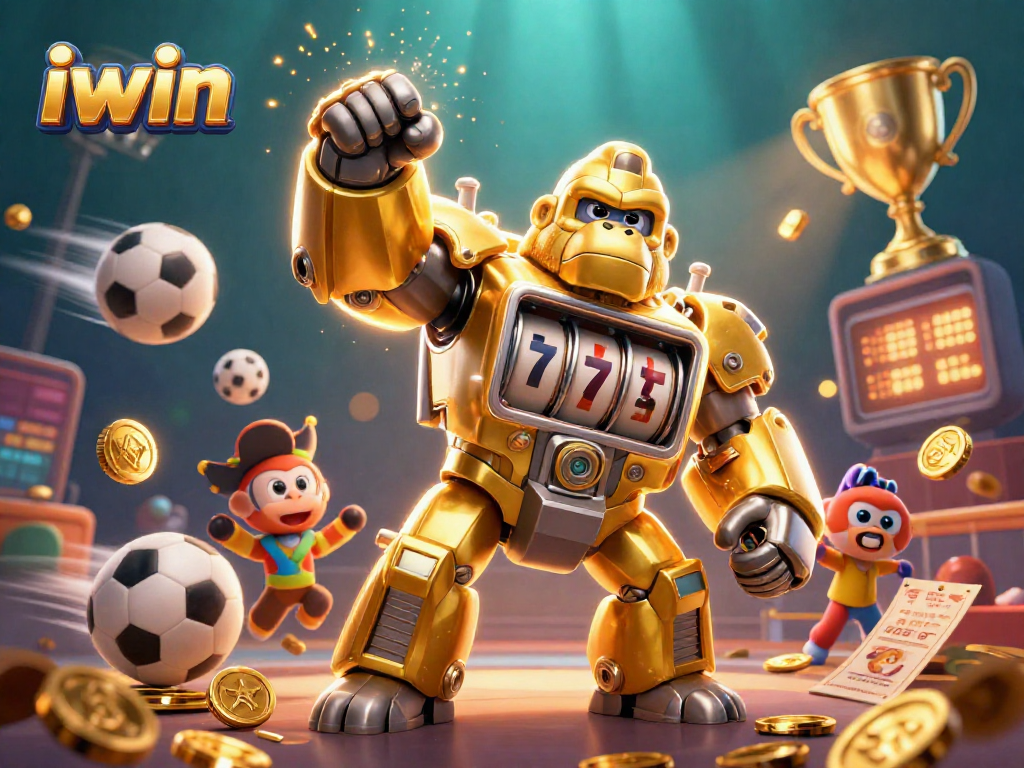 iwin showcases a golden gorilla mech surrounded by dynamic sports elements in a vibrant casino scene.