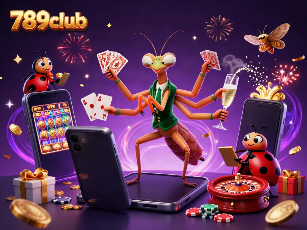 Experience the vibrant energy of 789club, featuring a giant praying mantis card sharp and ladybug pit boss amidst dynamic casino elements.