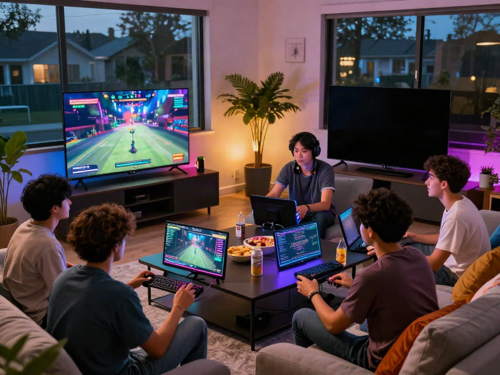 Group of friends excitedly enjoying their favorite online casino not on gamstop in a vibrant gaming room.
