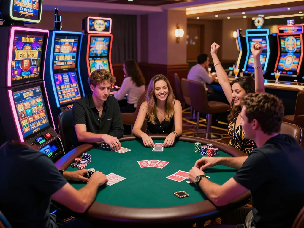 Exciting online casino not on gamstop atmosphere with diverse players enjoying gaming stations.