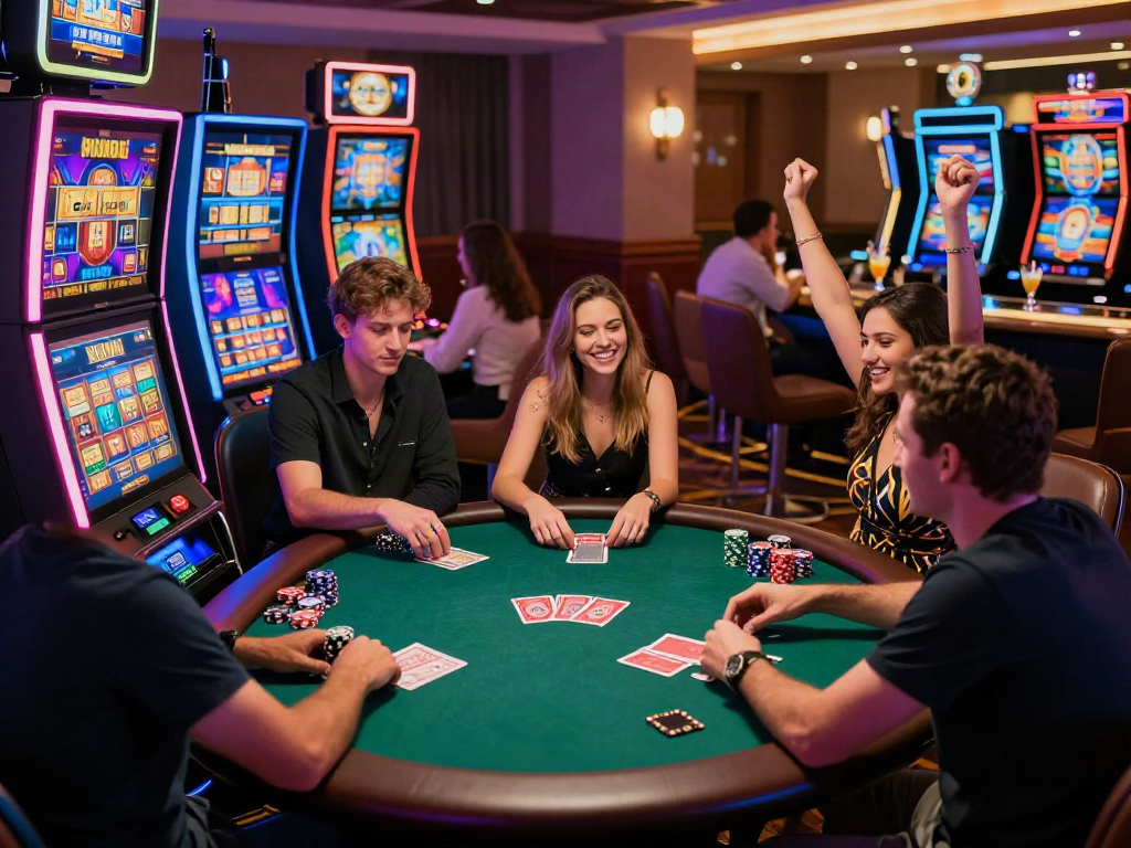 Exciting online casino not on gamstop atmosphere with diverse players enjoying gaming stations.