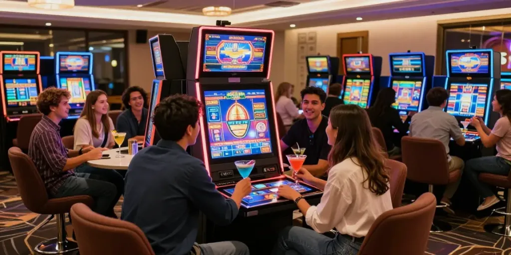 Exciting scene of friends at an online casino not on gamstop, enjoying interactive gaming and vibrant atmosphere.
