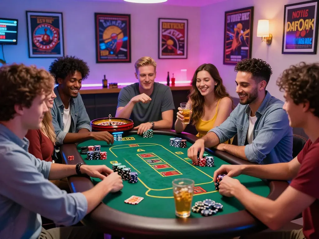 Exciting online casino gathering with friends enjoying games not on Gamstop at a home bar.