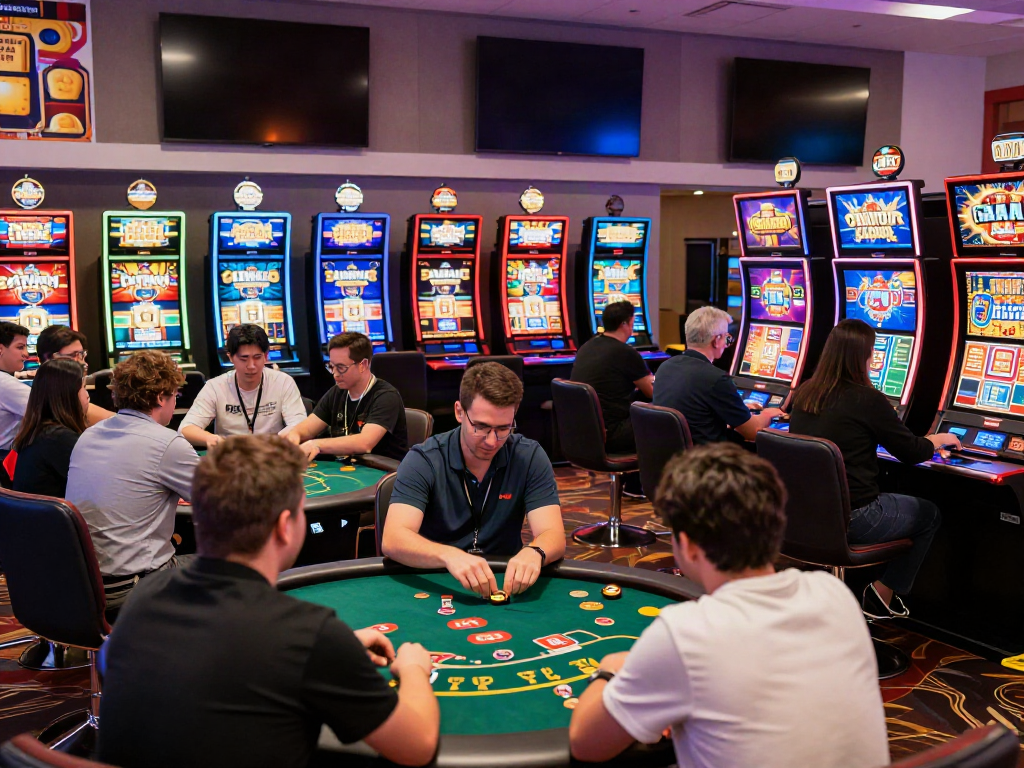 Exciting online casino environment showcasing players at tables and slot machines not on gamstop.
