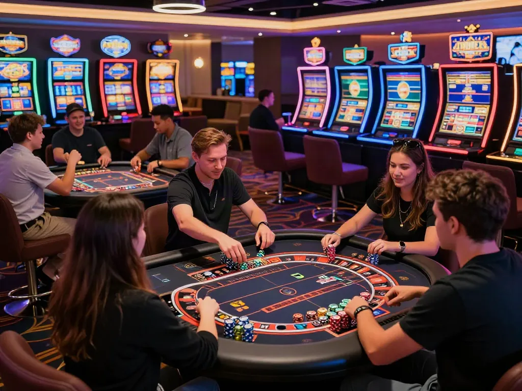 Online casino not on Gamstop featuring players at modern gaming tables and vibrant slot machines.