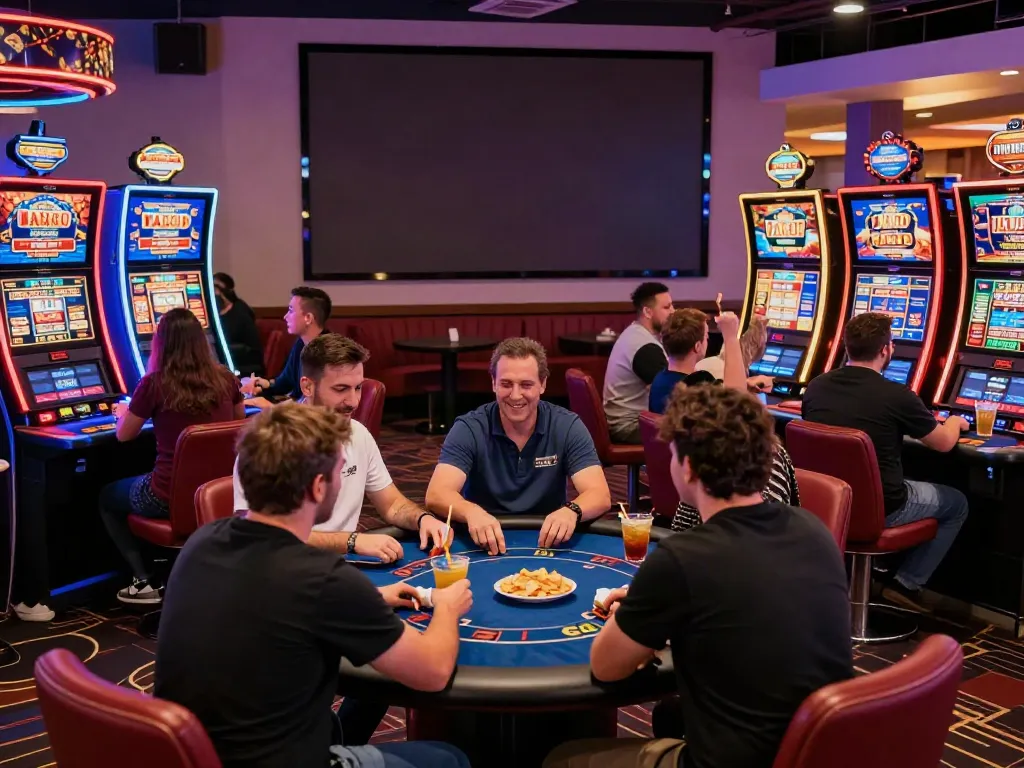 Exciting online casino not on gamstop gaming area with players at slots and tables.