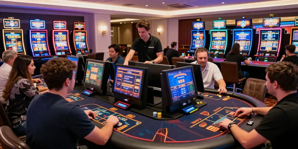 Online casino not on Gamstop with diverse players at vibrant gaming tables.