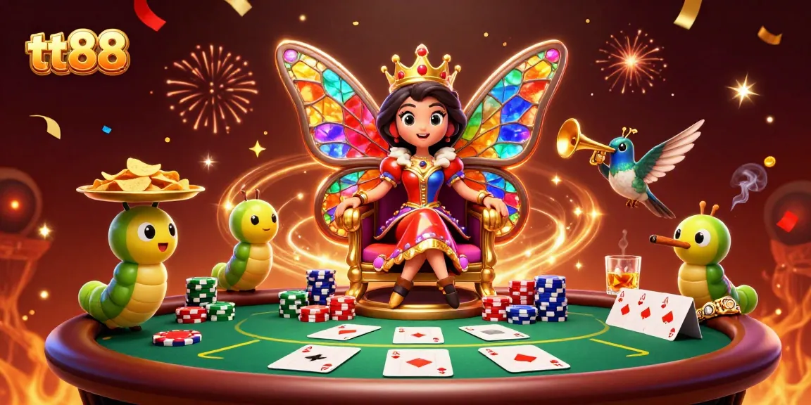 tt88 butterfly queen presides over a vibrant poker scene filled with chips and confetti