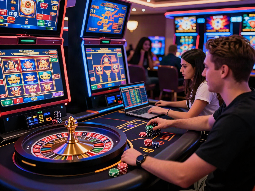 Engaging scene of players enjoying an online casino not on gamstop with vibrant games and an exciting atmosphere.