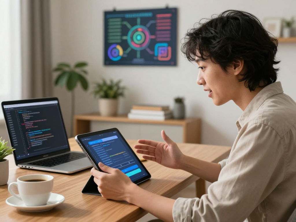Individual engaging in nsfw ai chat on a tablet in a cozy home office.
