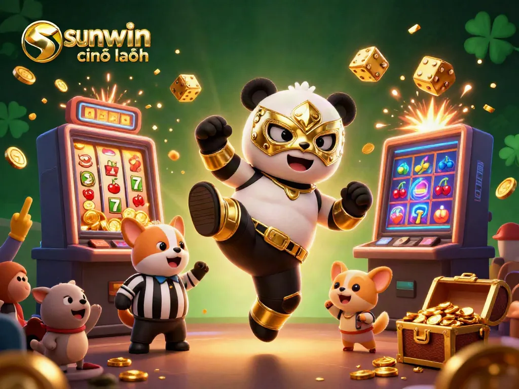 Experience the thrill of gaming with sunwin chính hãng featuring a panda wrestler amidst vibrant casino excitement.