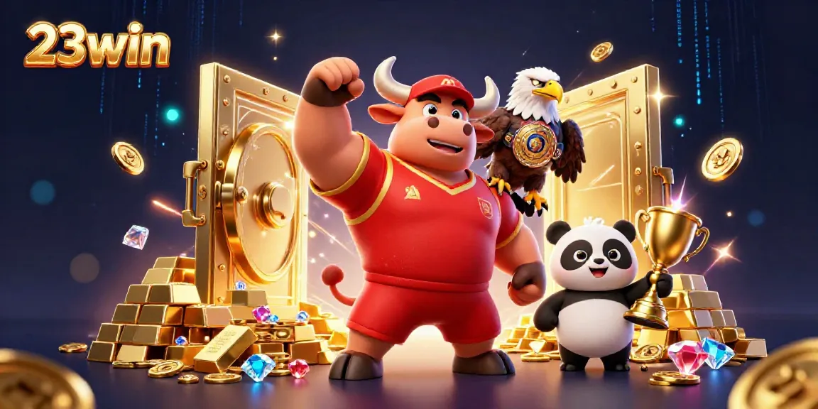 Experience thrilling wins at 23win with a vibrant casino illustration featuring characters celebrating their success.