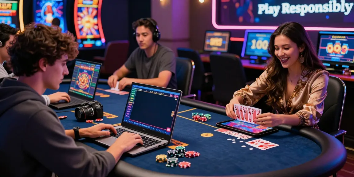 Interactive online casino not on gamstop gaming scene with players enjoying various games at home.
