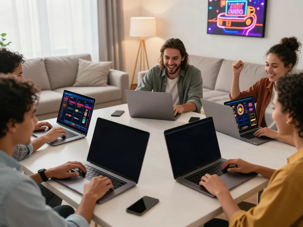 Friends enjoying an online casino not on gamstop from home, with vibrant game displays.