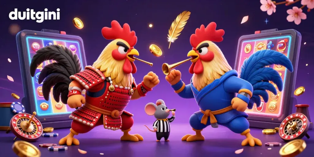 Duel of roosters in samurai and ninja attire showcasing vibrant slot gaming elements for duitgini.