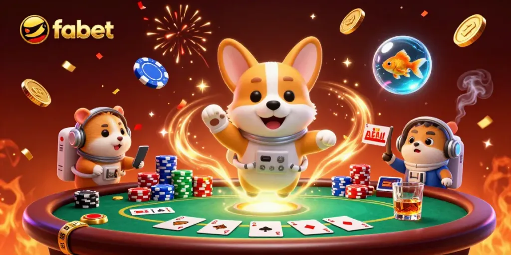 Engage in thrilling poker action with fabet's 3D illustration featuring astronauts and vibrant casino elements.