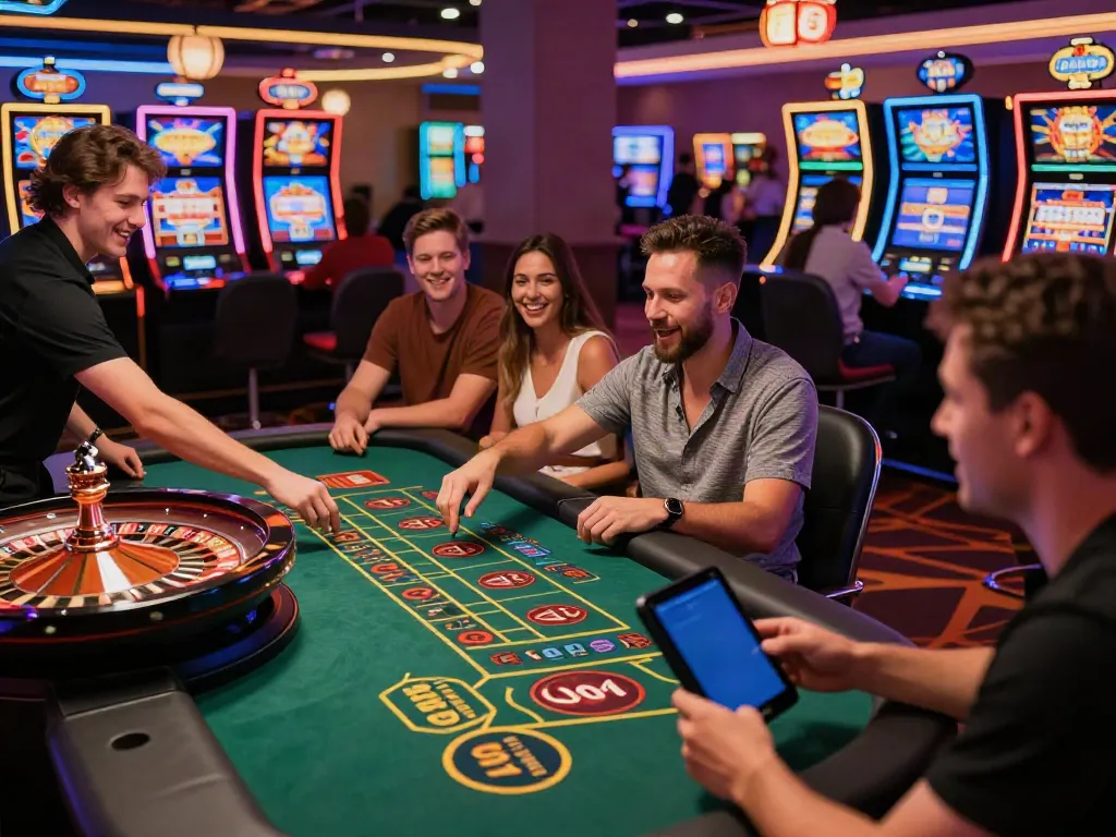 Diverse players enjoying games at an online casino not on GamStop, showcasing a vibrant gaming atmosphere.