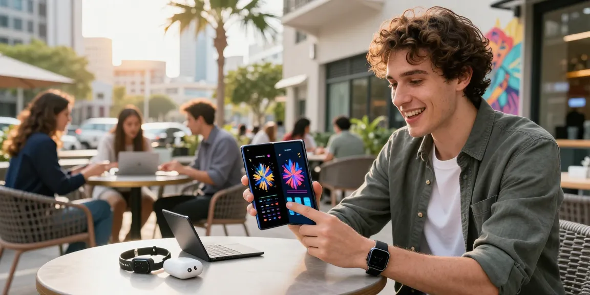 Person using Samsung Galaxy Z TriFold in an urban café, showcasing its innovative foldable display features.